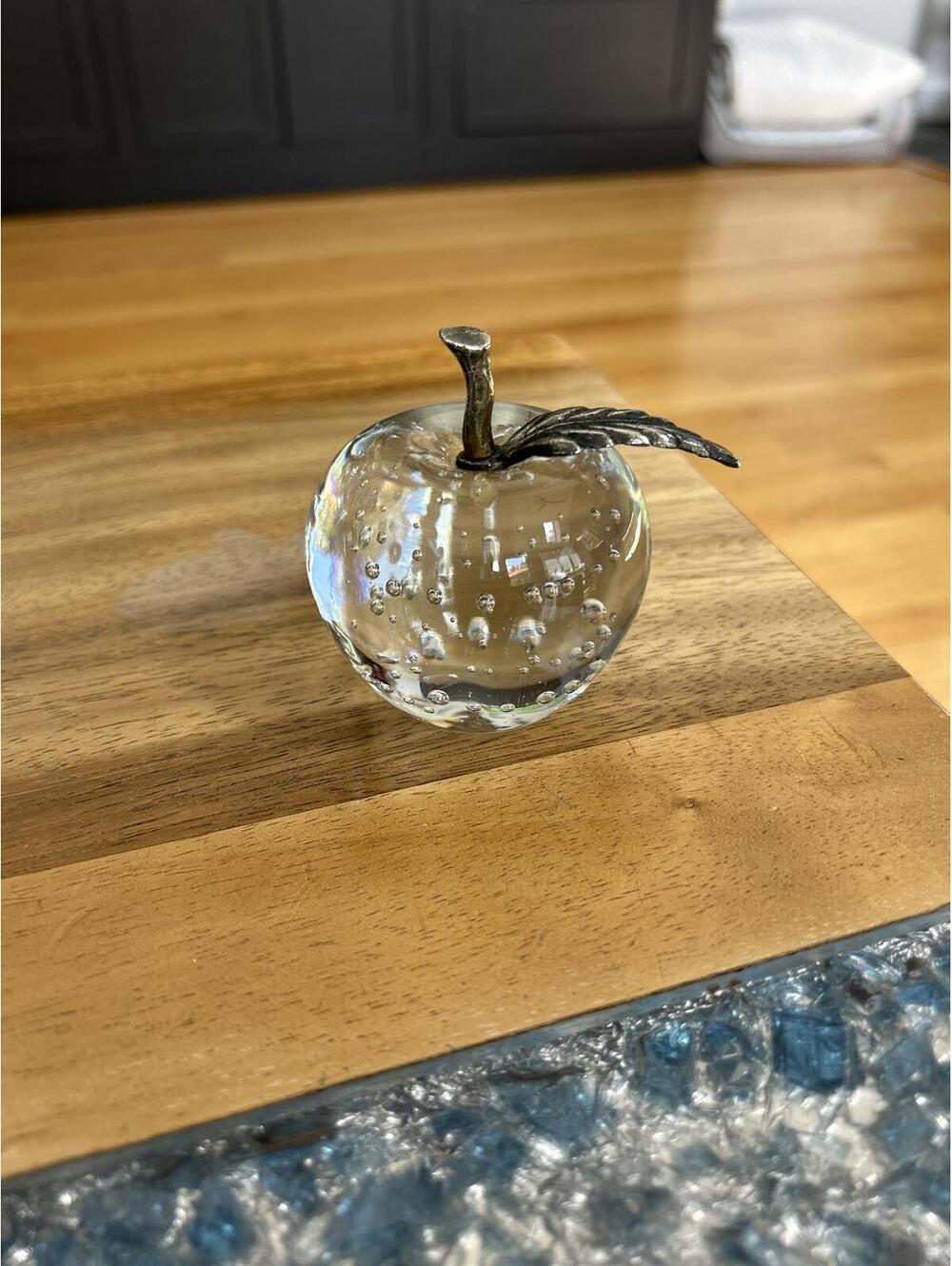 Glass Apple Paperweight with Metal Leaf Accent